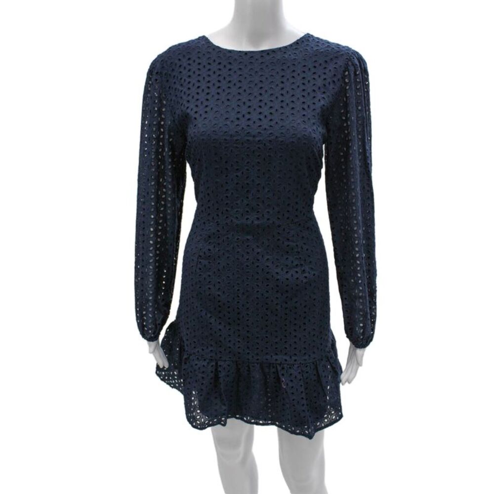 Never A Wallflower Womens Blue Eyelet Cotton Long Sleeve Knee Dress Size S
